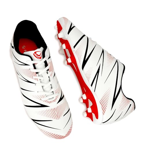 Image of PRO KVH Men's Football Stud Shoes - White-Red | Lightweight Soccer Cleats for Men | Synthetic Upper, TPU Sole | Durable Grip Sports Shoes for Football