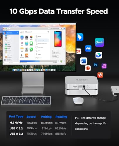 Image of ORICO StudioLink Mac mini Hub with SSD Enclosure & 7-in-1 Ports | NVMe /SATA M.2 SSD Dock for Mac mini M1 /M2 /Mac Studio | 10Gbps USB-C, SD /TF Card Reader, 3.5mm Audio, Aluminum Alloy
