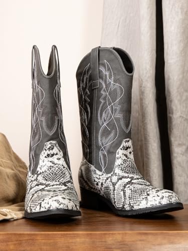 Image of Men's cowboy boots round toe boots embroidered with traditional Western country artificial snakeskin pattern