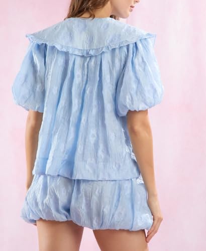 Image of ROAONOCOMO Women Floral Pajama Set Ruffle Puff Sleeve Peplum Shirt Coquette Pj Set Bow Babydoll 2 Piece Shorts Outfit