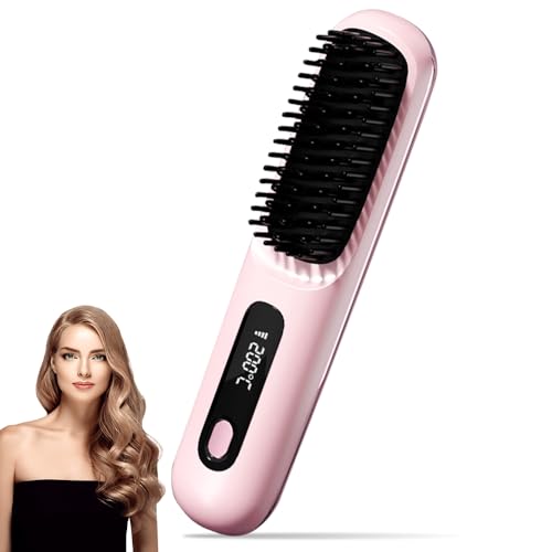 HIULLEN Cepillo Alisador Pelo Inalambrica, Cepillo Alisador Portátil, Peine Alisader de Cabello con Pantalla LCD, Recargable Mini Plancha Pelo Viaje 160-200 °C Calentamiento Rápido rosa