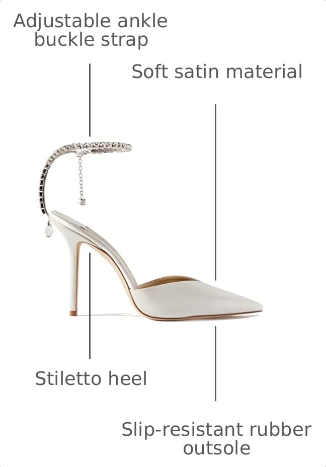 Image of LauraVicci Women's Heeled Sandals Crystal Chain Ankle Straps Rhinestones Buckle High Heels Stiletto Slip On Wedding Party Satin Dress Shoes
