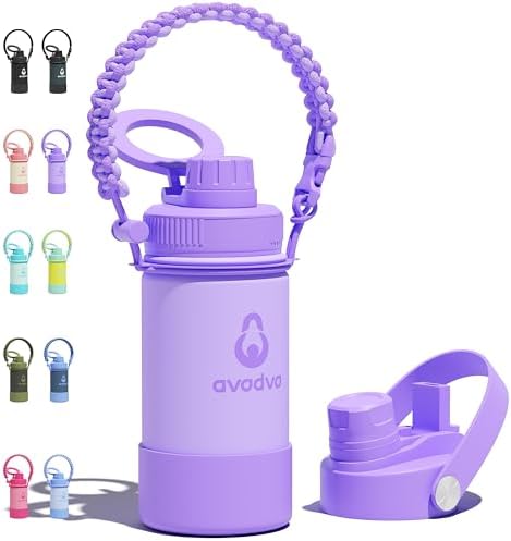 12 oz Insulated Water Bottle with 2 Lids (2-in-1 Straw & Spout Lid, Magnetic Lid), Kids Water Bottle with Strap, Kids Stainless Steel Water Bottle for School, PA-Free, Purple