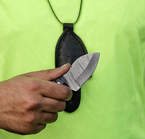 Hotsteel Handmade Neck Knife-Damascus Steel Full Tang Knife 5'' Mini Fixed Blade Knife-Bushcraft Knife-Camping Knife-Hunting Knife With Leather Sheath #TOP4