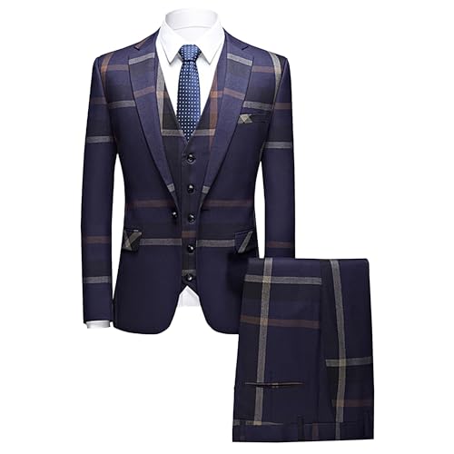 Men’s Plaid 3-Piece Suits Check Suit Jacket Vest Pants Set 1 Button Formal Party Blazer Suit
