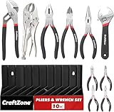 10PC Pliers and Wrench Set with Storage Rack – Includes Locking | Long Nose | Diagonal Cutter | Groove Joint | Linesman & Mini Plier, Carbon Steel Tool Kit for DIY and Home a Gift for Man