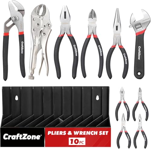 10PC Pliers and Wrench Set with Storage Rack &ndash; Includes Locking | Long Nose | Diagonal Cutter...