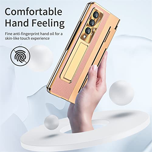 Galaxy Z Fold 3 Case, One-Piece Plating Housing Luxury Leather Cover With Kickstand And Screen Protector, Compatible With Samsung Galaxy Z Fold 3 5G 2021 (Pink) #TOP1
