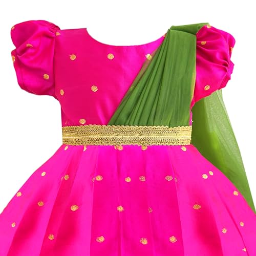 Image of Stanwells Kids Gold & Peach Banarasi Silk Saree Frock for Baby Girls - Traditional Ethnic Dress for Birthday (6 Months-7 Years)