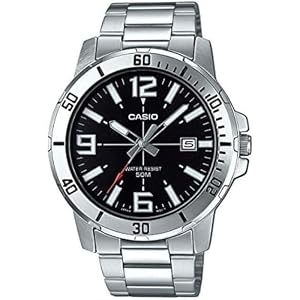 Casio MTP-VD01D-1BV Men’s Enticer Stainless Steel Black Dial Casual Analog Sporty Watch, Silver, 48×42×10.7mm, Quartz Movement