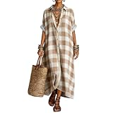 Cotton Linen Maxi Shirt Dress, Button Down Casual for Women (Khaki,Medium)