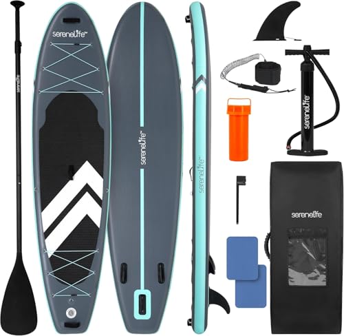 SereneLife 11’ Inflatable Stand Up Paddle Board with Premium SUP Accessories - 32” Wide Stable Design with Non-Slip EVA Deck Pad for Youth and Adults, 350 lbs. Capacity