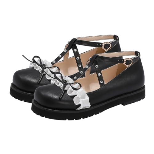 Zapatos de piel para mujer estilo Lolita Ipetboom con lazo negro y correa de vestir