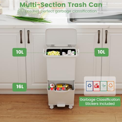 LIFEZEAL Poubelle de Cuisine 36L, Poubelle de Tri Sélectif à 2 Niveaux, Poubelle avec Pédale et Bac Inférieur Inclinable, en Plastique pour Cuisine, Salle à Manger, Salon (Blanc, 36L) – vue 5