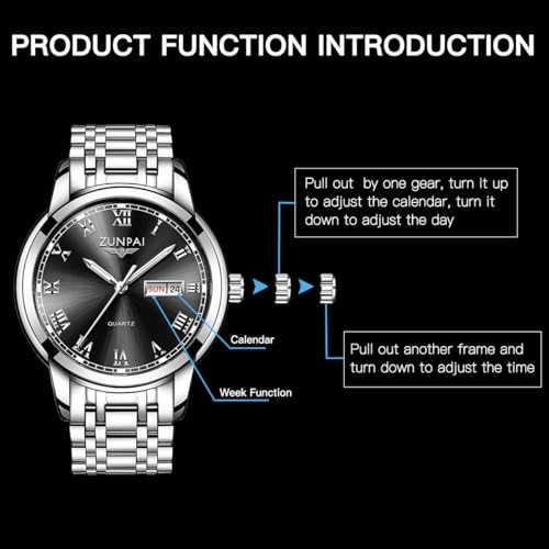 Image of ZUNPAI Watches for Man Analog Quartz Stainless Steel Strap Men Watches Classic Large Roman Numerals Mark Easy to Read Watch with Day Date Waterproof Luminous Mens Watch