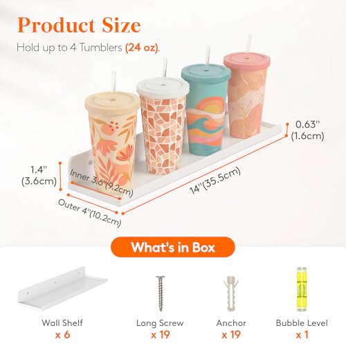 Image of Lifewit Acrylic Floating Shelves for Wall 14 inch White, 6 Pack | Wall Mounted Display Shelf for Figure, Car, Art, Book, Perfume Organizer for Bedroom, Living Room, Nursery Decor