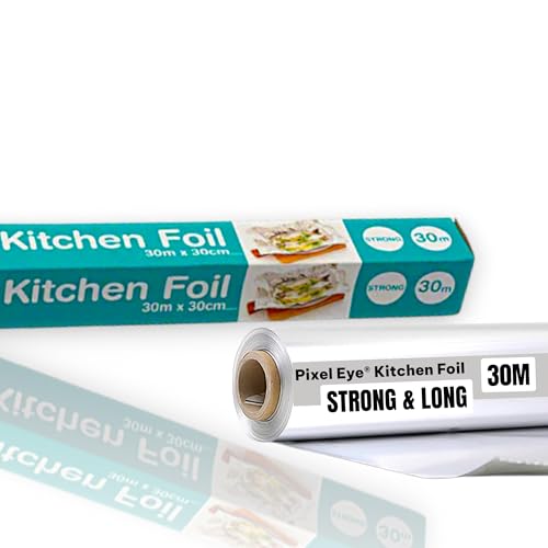 Pixel Eye - Aluminium Kitchen Foil 1 Roll of 30cm x 30M Cooking Foil Tin Foil Catering Foil Food Wrap Foil for Baking Grilling Roasting BBQ Storage Restrurant Style Sandwich, Burger and BBQ Wrap Foil Pixel Eye