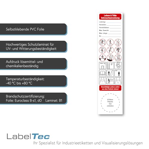 LabelTec Gebrauchsanweisung Aufkleber für Leitern und Tritte 40 x 165 mm - Sicherheitssticker zum ausfüllen - selbstklebender Sticker mit Warnhinweisen wasserfest für Betriebe & Wartung LTF012 (10)