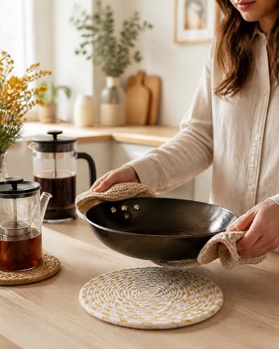 Image of Yellow White Trivet Set of 3 (18 cm) for hot pots for Dining Table and Kitchen countertop, Thick and Sturdy, Boho Table Decor