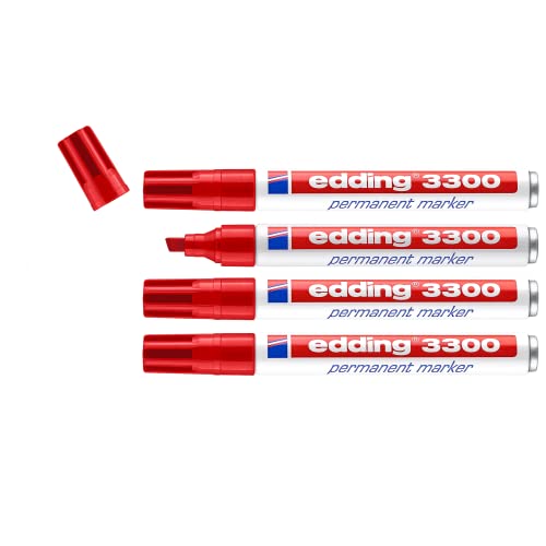 edding 3300 marcador permanente - rojo - 4 rotuladores - punta biselada 1-5 mm - indeleble de secado rápido - resistente al agua y a los borrones - cartón, plástico, madera, metal, tela - universal