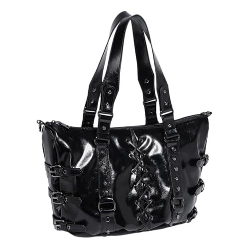 Fashionable Large Capacity PU Leather Motorcycle Shoulder Handbag Punk Rivets Crisscross Ties Underarm Bag for Women2