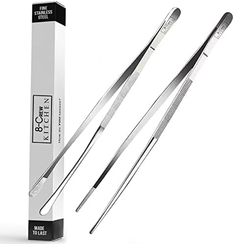 8-CREW KITCHEN Cooking Tweezers Set of 2-12 inch Stainless Steel Culinary Tweezers for Multi-Use, Plating, BBQ, Decoration, Grilling, Seafood & Bar