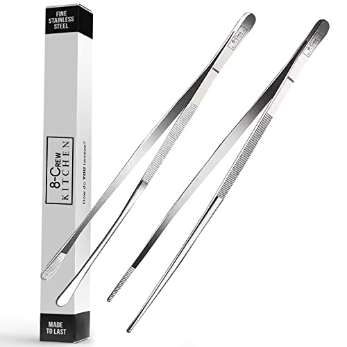 8-CREW KITCHEN Cooking Tweezers - 12 inch 304 Stainless Steel Set of 2 - Culinary Chef Tweezers for Multi-Purpose, Plating, Food Decorating & Bar by 8 CREW KITCHEN - Used condition - US$16.88