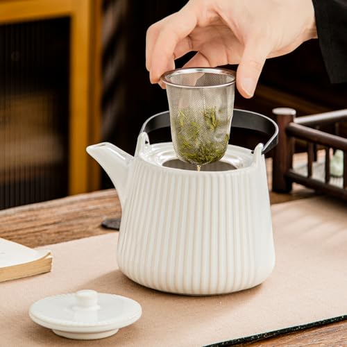 Image of Yundu Ceramic Teapots for Tea, 1000ml /33.8oz Tea Pot with Infusers for Loose Tea, Striped Tea Pot with Removable Tea Infuser - Reactive White