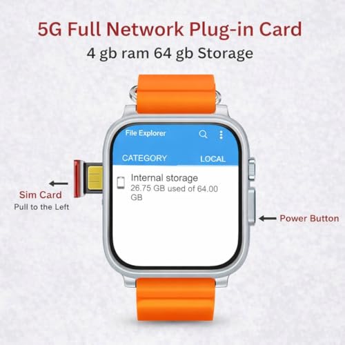 Image of SE HUB GS29 new Smartwatch with 2.02 inch AMOLED Display, 4GB RAM 64GB Storage, 4G /5G SIM Support, Bluetooth Calling, Fitness Tracker & Social Media Apps (Orange)
