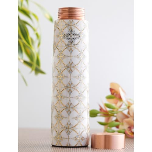 Image of INDIAN ART VILLA Copper Gold Print Copper Bottle, Copper Drinkware, 800 ML, Gold Printed White