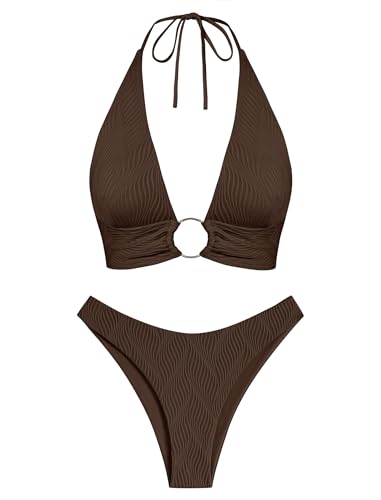 ZAFUL O Ring Halter Bikini Sets for Women High Cut Swimsuits Trendy 2 Piece Bathing Suit Wave Textured Coffee S