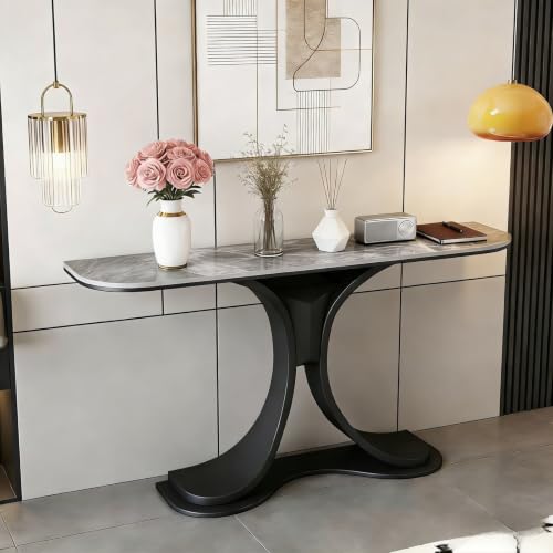 HLDJYLZS Mesa Consola Moderna con Encimera de Piedra Sinterizada y Estructura Metálica, Mueble de Entrada Estrecho, Mesa Sofá Minimalista para Pasillo, Recibidor y Salón