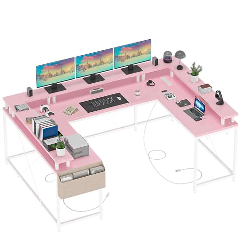 Jojoka U Shaped Computer Gaming Desk, Reversible L Shaped Desk with Power Outlets, LED Strip & Monitor Stand, Large Corner Desk with Storage Shelves f