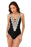 BCA by Rebecca Virtue Destination One Piece Swimsuit, Plunge Neck with Crochet Trim, Bathing Suit for Women Black