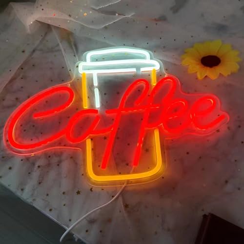 Image of Coffee Neon Sign Led Dimmable Acrylic Neon Signs for Coffee Shop Salon Home Bar Decor,Decorative Glow Signs for Room Pub Club Party Decoration,Usb Powered(Red Coffee+Yellow)