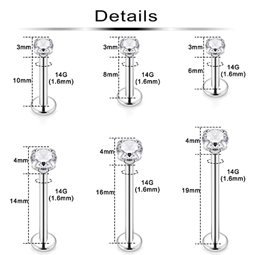 Ftovosyo 12Pcs 14G 16G Different Sizes Flat Back Stud Stainless Steel Labret Ashley Medusa Monroe Dimple Cheek Lip Rings Studs Piercing Jewelry for Women Men Bar Length 6mm-19mm2