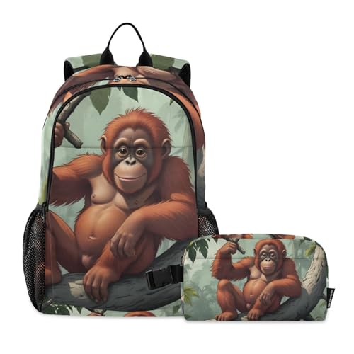 Travel Backpack Lunch Bag Set for Hiking Picnic, Backpacks with Insulated Lunch Box Monkey Sitting Tree Print