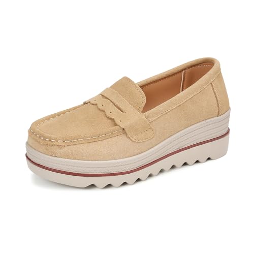 Image of Ruiatoo Women's Slip-On Platform Loafers Suede Wedge Mocs Low-Top Lightweight Casual Office, Travel, Daily Walking Shoes
