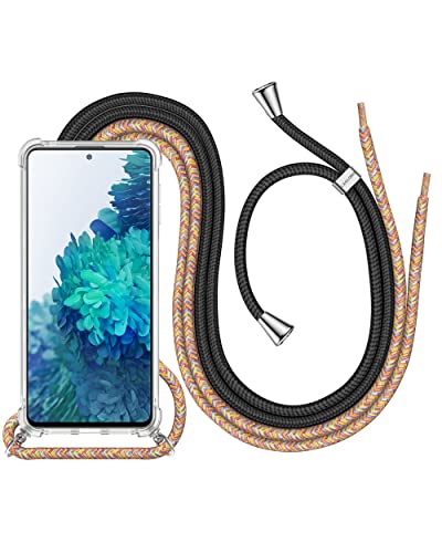 caslord Handykette für Samsung Galaxy S20 FE 6,5", Necklace Hülle mit Bands Handyhülle für zum Umhängen, Transparent Case mit 2 Handykordel,Schwarz+Rainbow Cover