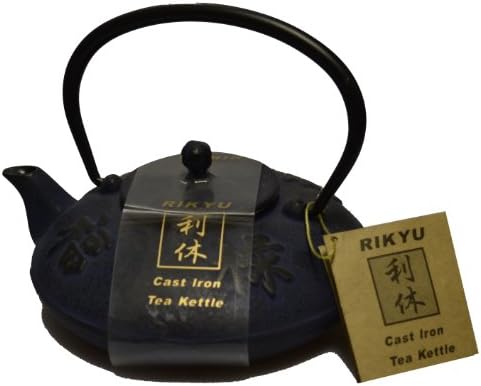 Rikyu Japanese Cast Iron Teapot Kettle Blue w/ Chinese Characters