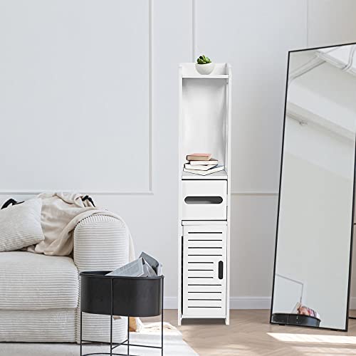 Mueble de baño Independiente con Puerta y persianas enrollables, Multifuncional, pequeño Mueble de Almacenamiento para Inodoro, para salón, Dormitorio, cocina-20 * 15 * 80cm-Blanco