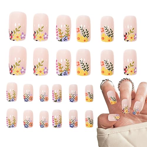 Uñas postizas - Prensa de flores cuadradas en uñas - Tiras de uñas de gel artificiales con cobertura completa, uñas postizas cortas duraderas para niñas y mujeres, regalo de cumpleaños Holdes