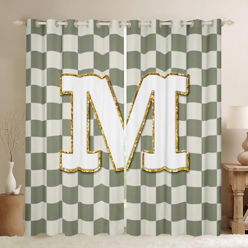 Image of Erosebridal Sage Green Checkered Window Drapes Plaid Initial M Blackout Curtains 38 inch Wx45 L Personalized Monogram Curtains for Bedroom Living Room,Grids Gingham Window Treatments 2 Panels
