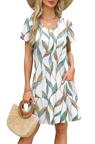 Image of OFEEFAN Womens Summer Dresses 2026 Tulip Petal Short Sleeve V Neck Loose Swing Sundresses with Pockets Plain /Print