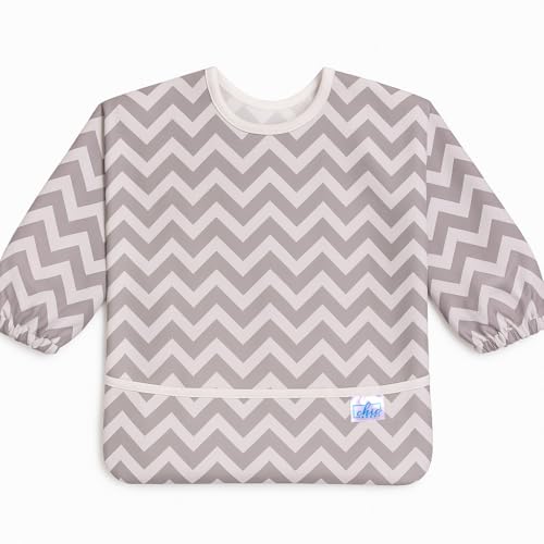 Chic Buddy's Baby Long Sleeve Bib, Toddler Children's Leak-Free Baby Bib with Sleeves,Washable/Lightweight/Wipeable (6-24 Months) Baby Bib Shirt with Pocket (Zig-Zag)