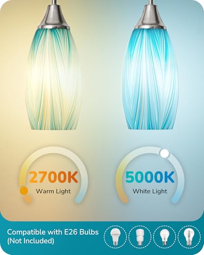 Image of EDISHINE Pendant Lights Kitchen Island, Blue Handcrafted Art Glass, Blown Glass Pendant with 5.12 inch Dia x 11.40 inch H Shade, Teal with Gold, Adjustable Brushed Nickel Rods, Hardwired Over Island Bar, E26