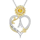 MONOOC Valentines Gifts for Her - 14K-White-Gold-Plated Sunflower Heart Initial Necklace Letter A Necklaces for Woman, Wife Mom Friends Sunflower Gifts for Women Jewelry Anniversary Birthday Gift