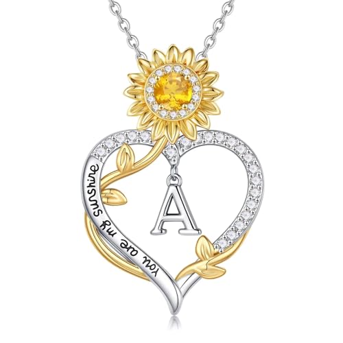 MONOOC Valentines Gifts for Her - 14K-White-Gold-Plated Sunflower Heart Initial Necklace Letter A Necklaces for Woman, Wife Mom Friends Sunflower Gifts for Women Jewelry Anniversary Birthday Gift