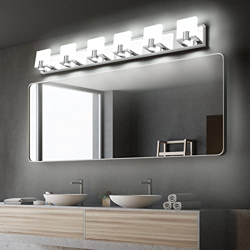 Image of PRESDE Modern Bathroom Light Fixtures Chrome Vanity Light 6 Light LED Bathroom Vanity Light Fixtures Over Mirror Bath Wall Lighting Dimmable