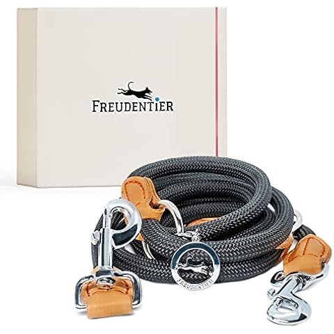 FREUDENTIER runde Führleine 2m | Stilvoll abgerundet mit braunen Lederelementen | 3-Fach verstellbar | Nylon Hundeleine mit 2 Karabinern für mittelgroße & große Hunde Cover